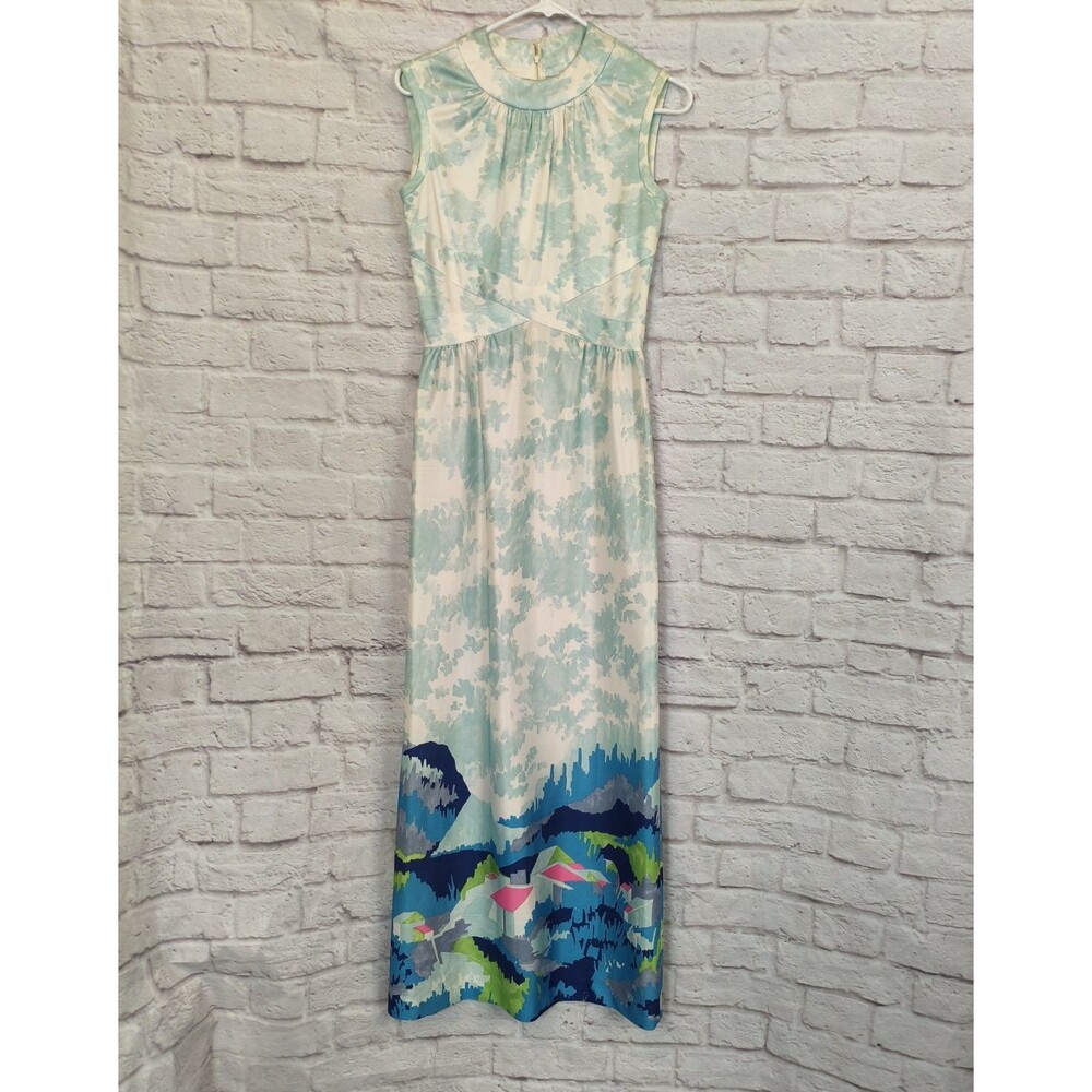 VTG Yves Jennet Womens Size 8 Blue White Beachy‎ Coastal Scene Maxi Dress
